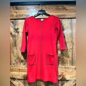Joan Vass Red Studded 3/4 Sleeve Shift Dress. Size‎ 1 (8/10)